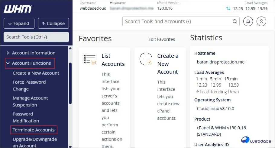 حذف دائمی اکانت در WHM