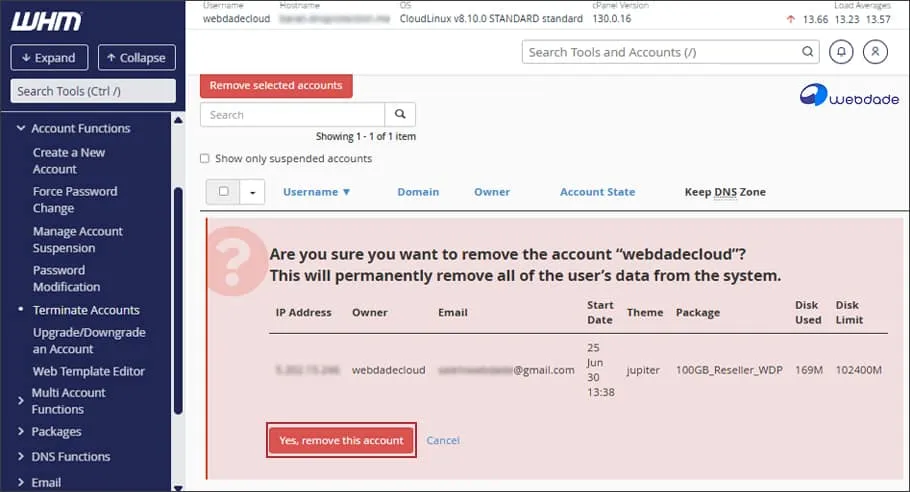 حذف اکانت از WHM