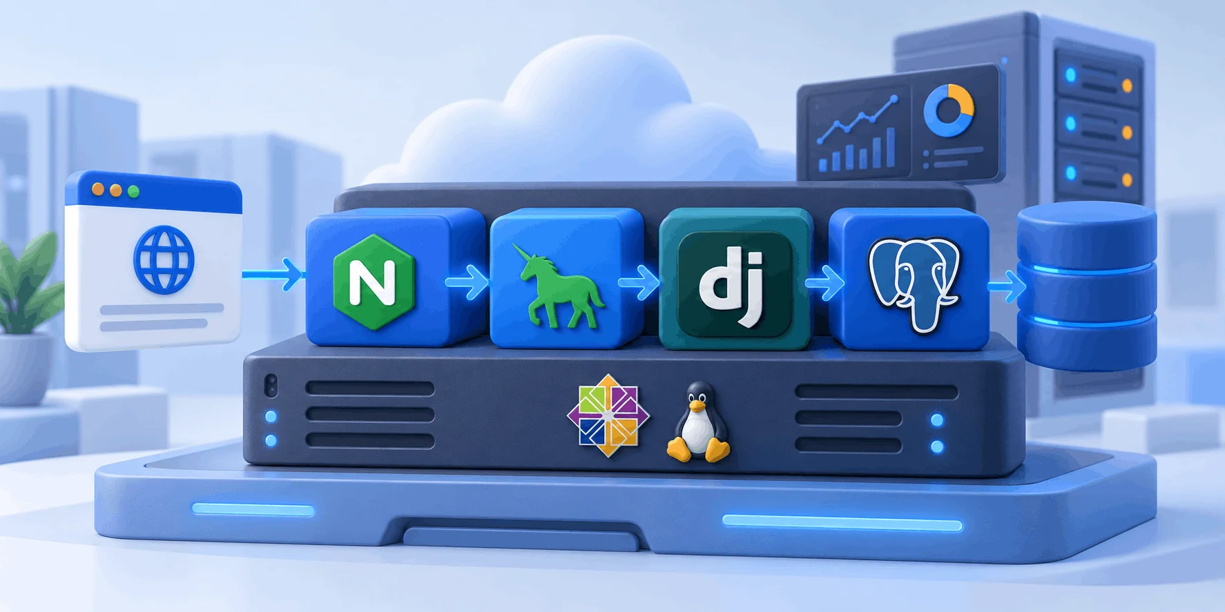 نمودار استک نصب Django روی سرور شامل Nginx، Gunicorn و دیتابیس PostgreSQL روی CentOS نمودار استک نصب Django روی سرور شامل Nginx، Gunicorn و دیتابیس PostgreSQL روی CentOS