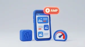 تصویر شاخص AMP وردپرس؛ نمایش نسخه سریع موبایل با نشان AMP و سرعت‌سنج