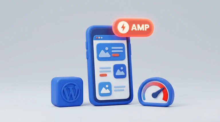 تصویر شاخص AMP وردپرس؛ نمایش نسخه سریع موبایل با نشان AMP و سرعتسنج