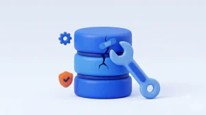 تصویر شاخص تعمیر دیتابیس خراب وردپرس؛ دیتابیس ترک‌خورده در حال تعمیر با آچار