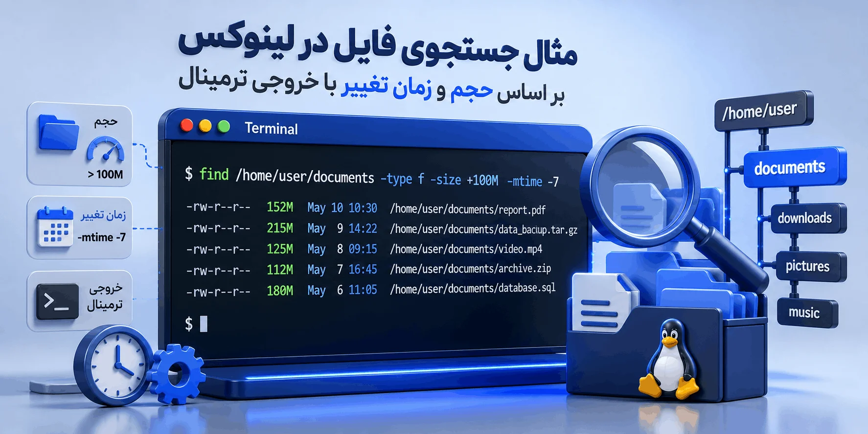 مثال جستجوی فایل در لینوکس بر اساس حجم و زمان تغییر با خروجی ترمینال ChatGPT Image Aug 15 2026 01 04 46 PM 1 دستور find لینوکس؛ آموزش جستجوی فایل با مثال 2026