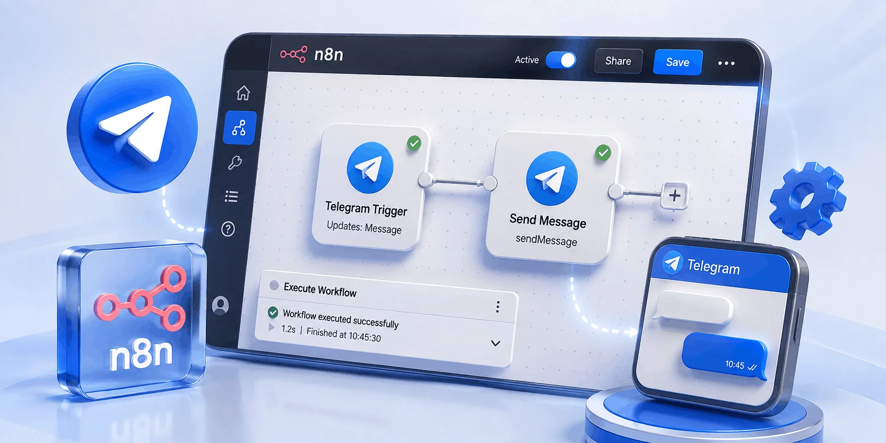 مراحل اتصال تلگرام به n8n؛ نمای ورکفلو با نود Telegram Trigger و نود Send Message ChatGPT Image Aug 16 2026 04 03 22 PM 1 اتصال تلگرام به n8n؛ آموزش اتوماسیون ربات 2026