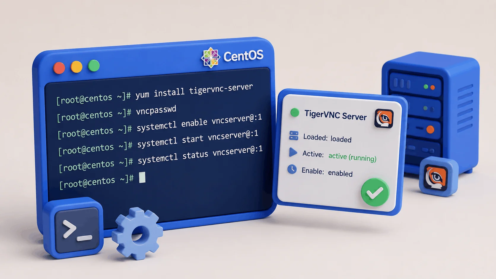 اجرای دستورهای نصب VNC روی CentOS در ترمینال و بررسی وضعیت سرویس TigerVNC با systemctl ChatGPT Image Aug 17 2026 09 27 30 AM 1 نصب VNC روی CentOS؛ راهنمای کامل 2026