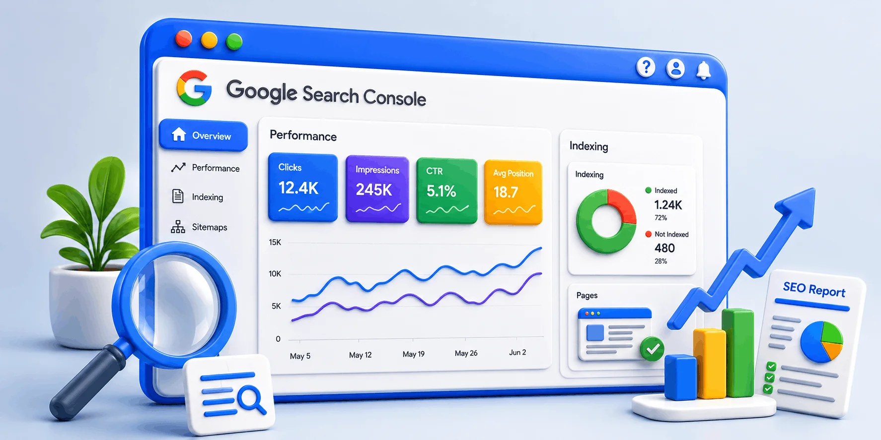 آموزش گوگل سرچ کنسول؛ نمای کلی داشبورد گزارشهای Performance و وضعیت ایندکس سایت در Google Search Console ChatGPT Image Aug 17 2026 11 24 47 AM 1 آموزش گوگل سرچ کنسول؛ گزارشگیری کامل 2026