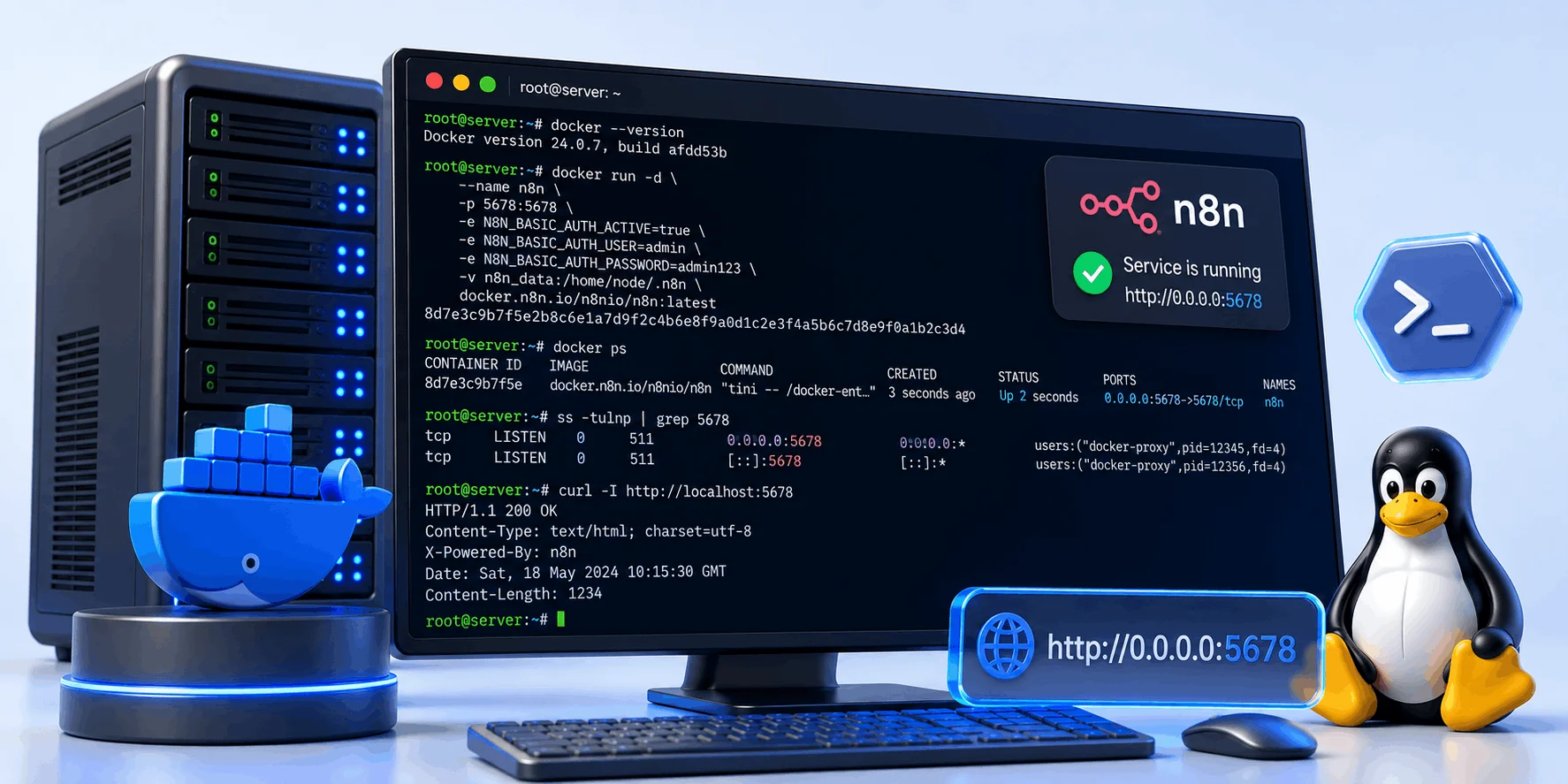 اجرای دستورهای نصب n8n با Docker روی سرور لینوکس و بالا آمدن سرویس روی پورت 5678 در ترمینال ChatGPT Image Aug 18 2026 04 31 37 PM 1 نصب n8n روی سرور لینوکس؛ راهنمای کامل 2026