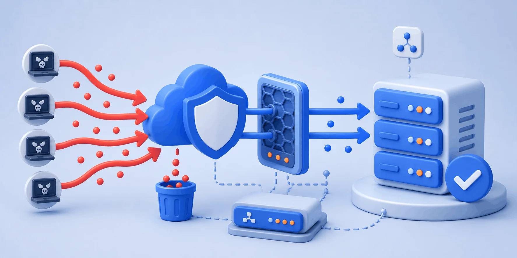 نمای مفهومی دفاع در برابر حملات DDoS و فیلترشدن ترافیک جعلی پیش از رسیدن به سرور نمای مفهومی دفاع در برابر حملات DDoS و فیلترشدن ترافیک جعلی پیش از رسیدن به سرور
