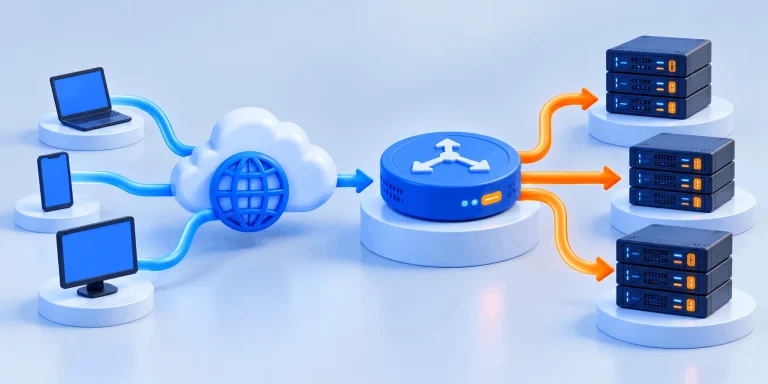 Isometric Load Balancing Network Scene لود بالانسر چیست؟ توزیع بار بین چند سرور در 2026