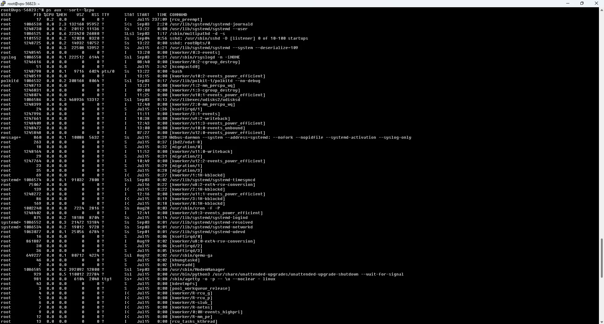 مانیتورینگ لینوکس با دستور ps aux --sort=-%cpu مانیتورینگ لینوکس با دستور ps aux --sort=-%cpu