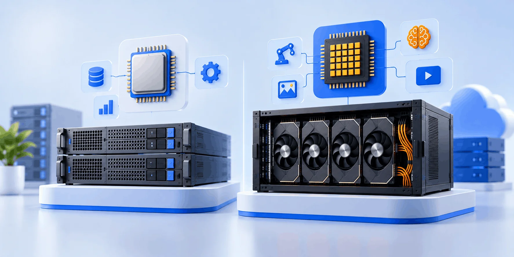 سرور GPU چیست و چه تفاوتی با سرور معمولی دارد؟ مقایسه سرور معمولی مبتنی بر CPU با سرور GPU دارای چهار کارت گرافیک برای هوش مصنوعی، رندر و ویدیو