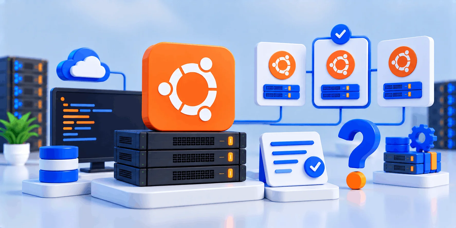 Ubuntu Server چیست و برای نصب Ubuntu Server کدام نسخه LTS را انتخاب کنیم؟ لوگوی اوبونتو روی سرور رکمونت، کنار سه سرور اوبونتو و علامت سؤال برای انتخاب نسخه LTS در نصب Ubuntu Server