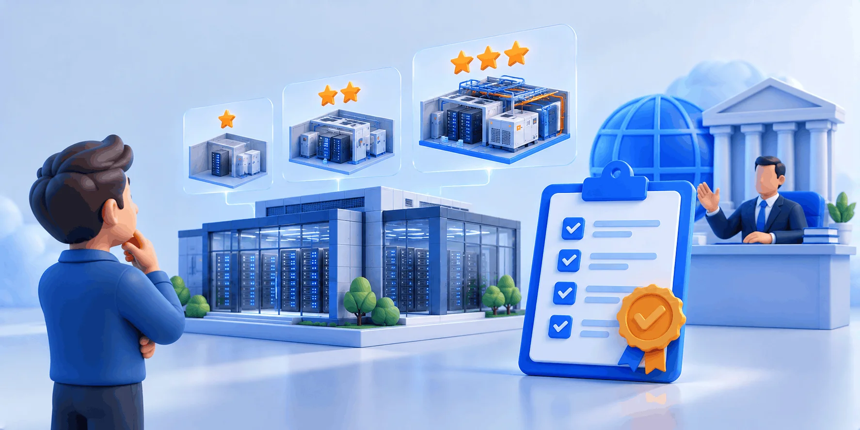 Tier دیتاسنتر چیست و چه کسی آن را تعیین میکند؟ مقایسه سطوح Tier دیتاسنتر با ستاره روی ساختمان مرکز داده، کنار چکلیست گواهی با مهر تأیید و نماینده نهاد صادرکننده
