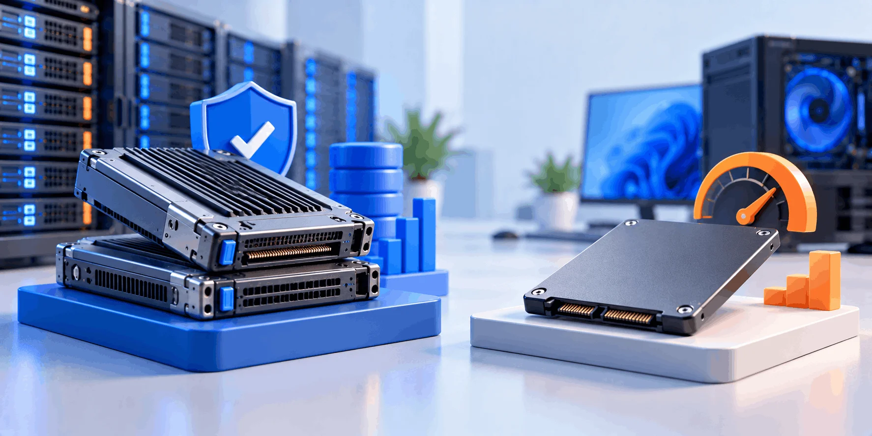 هارد SSD سرور چیست و SSD اینترپرایز چه فرقی با SSD معمولی دارد؟ دو هارد SSD سرور در قاب Hot Swap با نماد سپر حفاظت، کنار یک SSD معمولی ۲٫۵ اینچی با نماد سرعتسنج؛ مقایسه SSD اینترپرایز و معمولی