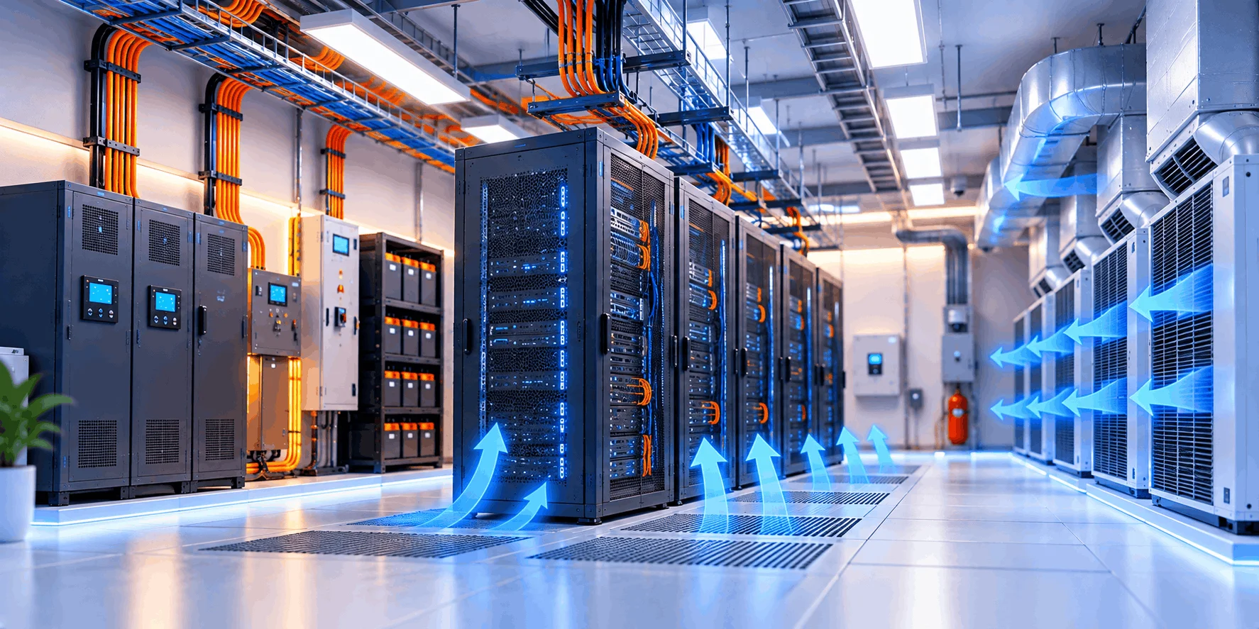 استانداردهای سرور روم؛ سرمایش، برق و UPS سرور سرور روم با جریان هوای سرد از کف مشبک به جلوی رکها، کولرهای دقیق کنار دیوار و کابینتهای UPS سرور با قفسه باتری