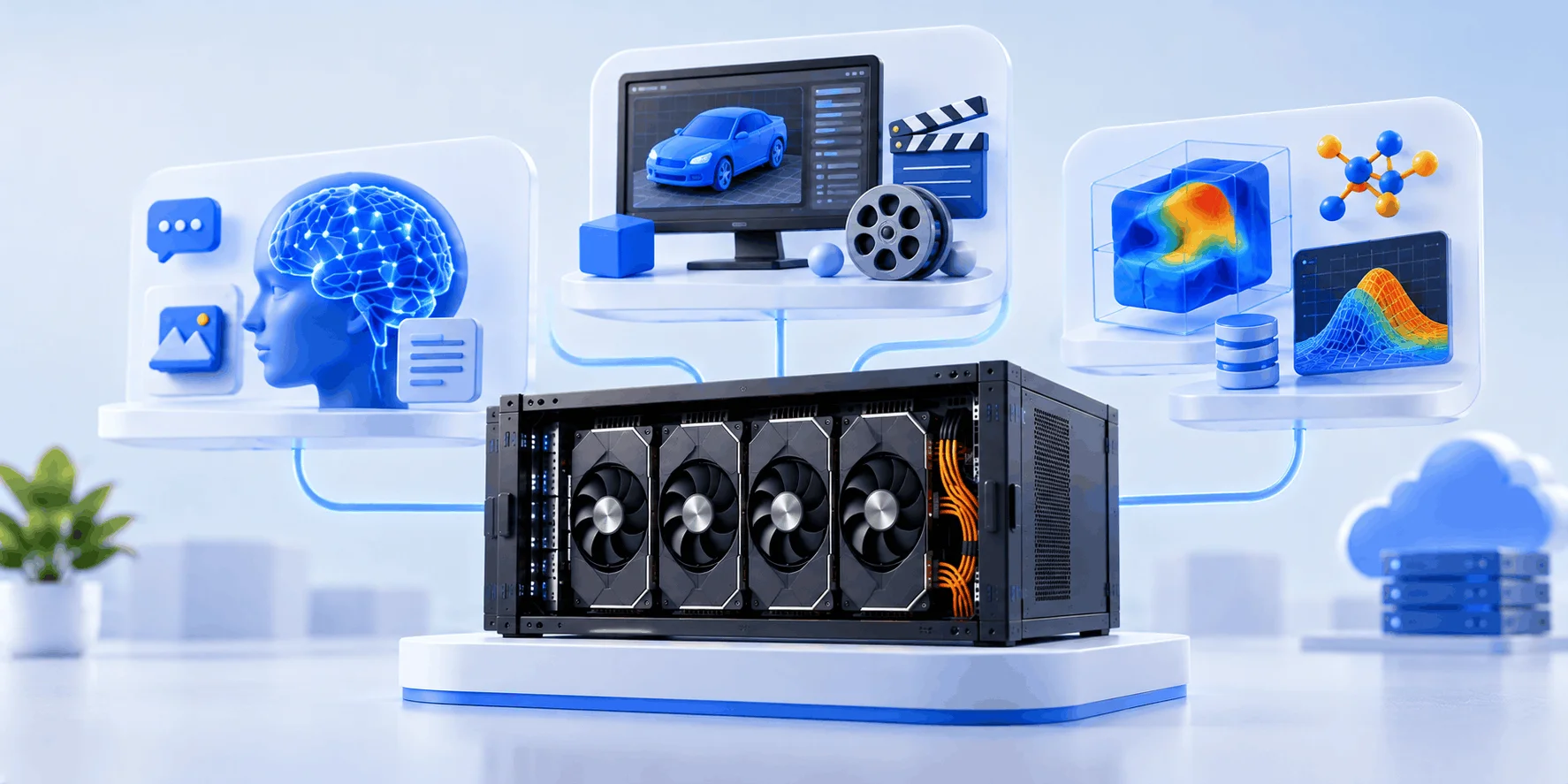 کاربردهای سرور گرافیکی؛ هوش مصنوعی، رندر و پردازش علمی سرور گرافیکی با چهار کارت GPU متصل به کاربردهای هوش مصنوعی، رندر سهبعدی و شبیهسازی علمی