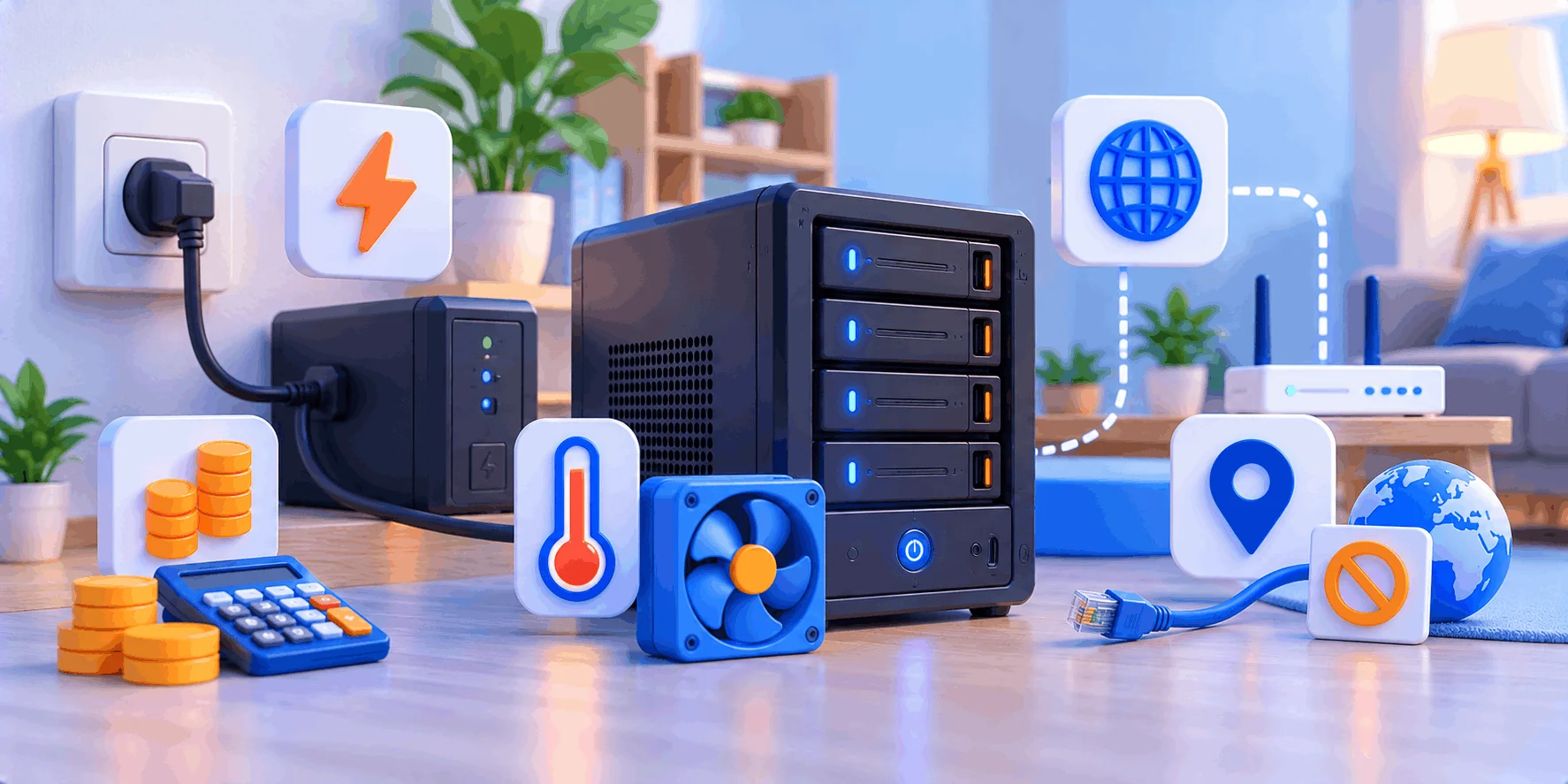 هزینه و محدودیتهای سرور در خانه؛ از برق تا IP ثابت سرور در خانه کنار UPS، روتر و فن خنککننده، با نمادهای مصرف برق، دما، هزینه، IP ثابت و قطع اینترنت