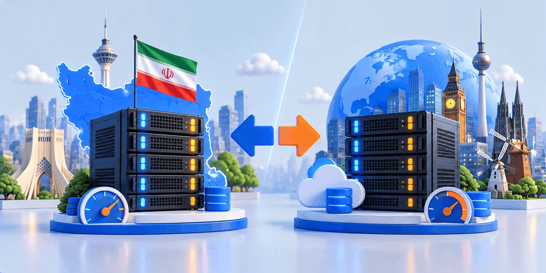 تفاوت سرور اختصاصی ایران و خارج در چیست؟ تفاوت سرور اختصاصی ایران و خارج؛ سرور کنار نقشه و پرچم ایران در برابر سرور کنار کره زمین و نمادهای شهرهای اروپا