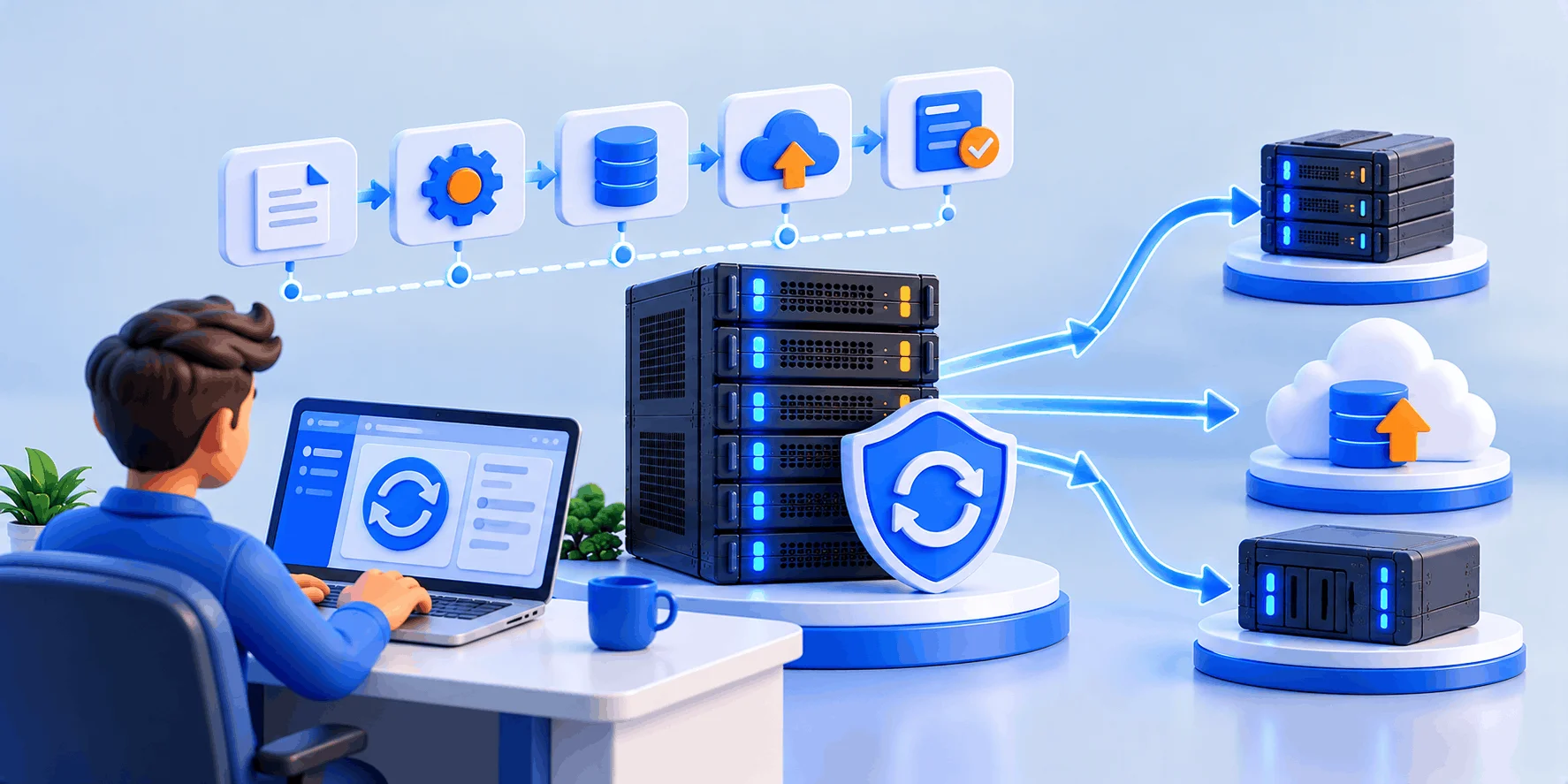 آموزش بکاپ سرور اختصاصی؛ ابزارها و مراحل اجرا روند بکاپ سرور اختصاصی: مدیر سرور زمانبندی را تنظیم میکند و نسخهها به سرور بکاپ، فضای ابری و ذخیرهساز جداگانه میروند