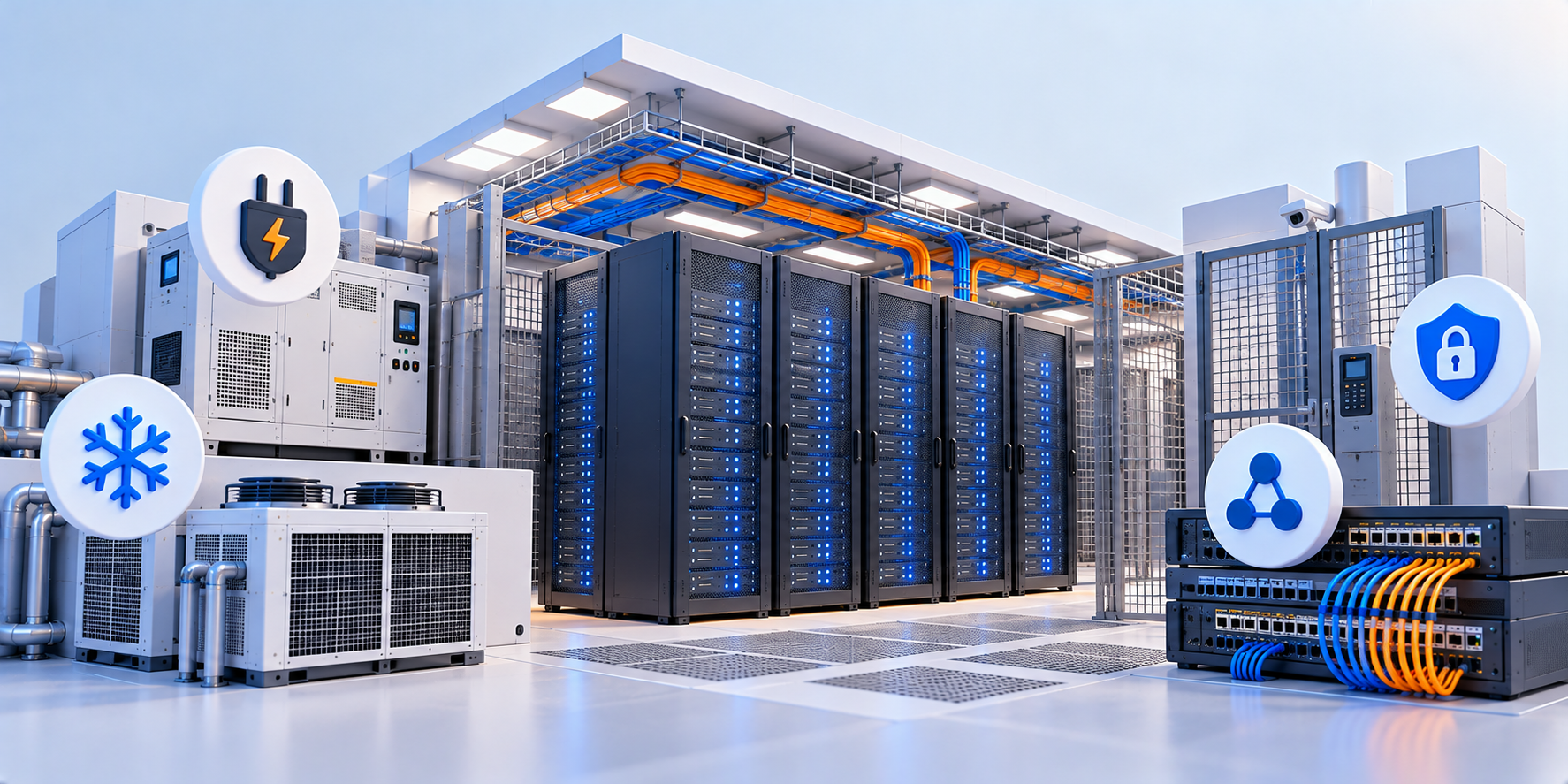 کولوکیشن زیرساخت؛ خدمات، شرایط و محدودیتها اجزای سالن کولوکیشن زیرساخت: رکهای سرور، سیستم سرمایش، برق پشتیبان، سوئیچ شبکه و قفس امنیتی