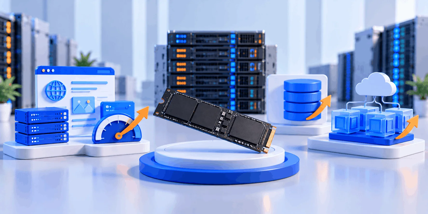 کاربرد SSD NVMe در سایت، دیتابیس و مجازیسازی SSD NVMe در مرکز تصویر، کنار نمادهای سایت، دیتابیس و ماشینهای مجازی با فلشهای افزایش سرعت و رک سرور در پسزمینه