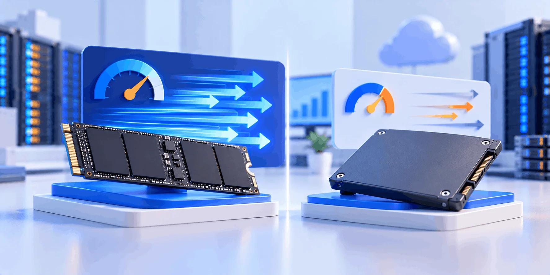 مقایسه سرعت SSD NVMe و SSD ساتا NVMe چیست؛ SSD از نوع M.2 NVMe با نشانگر سرعت بالا در کنار SSD ساتای ۲٫۵ اینچی با سرعت کمتر