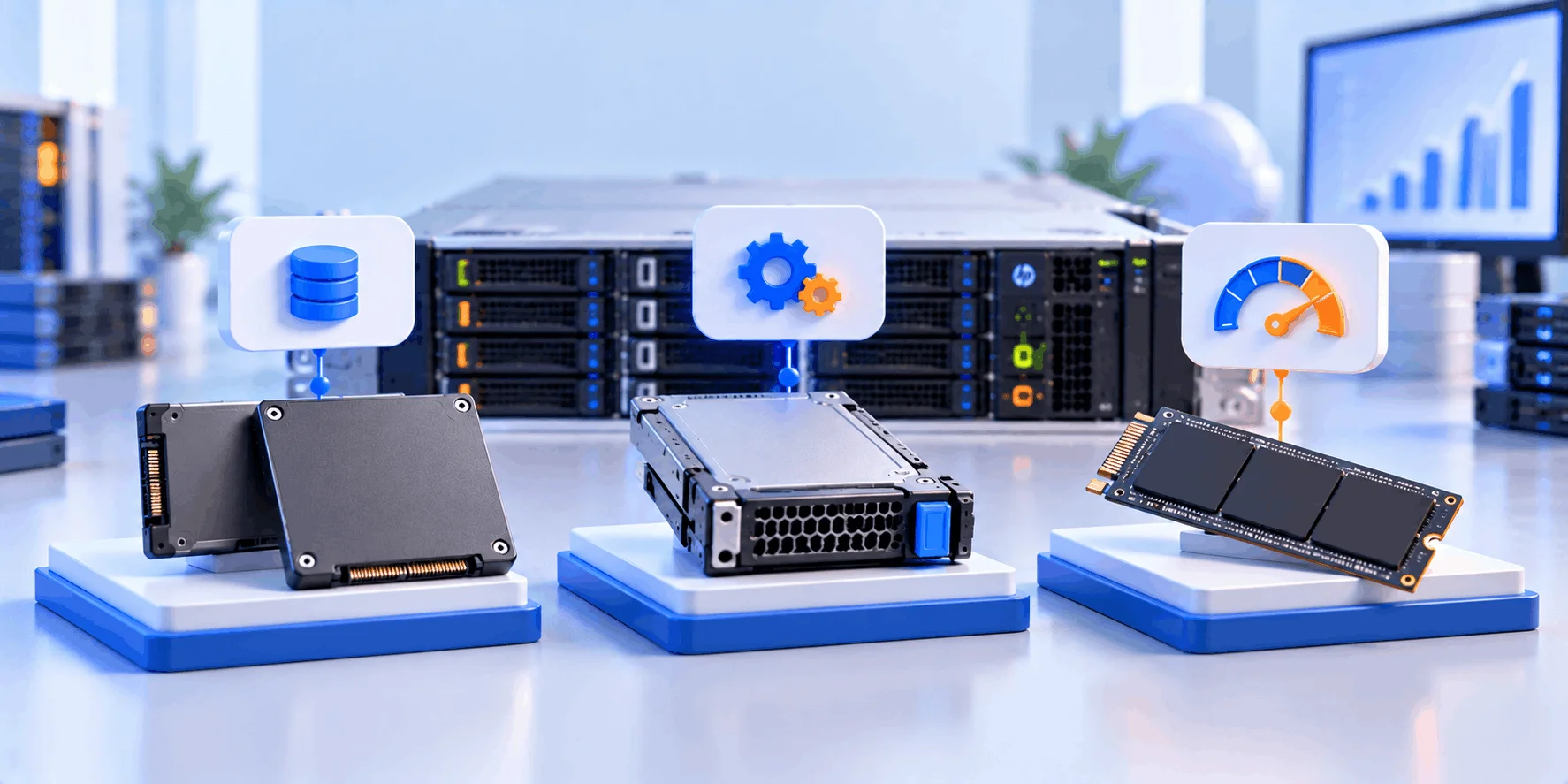 SATA، SAS یا NVMe؛ کدام SSD برای سرور HP مناسب است؟ سه نوع SSD سرور جلوی یک سرور رکی HPE: درایو ۲٫۵ اینچی SATA، درایو داخل کیج Hot Swap و NVMe در فرم M.2