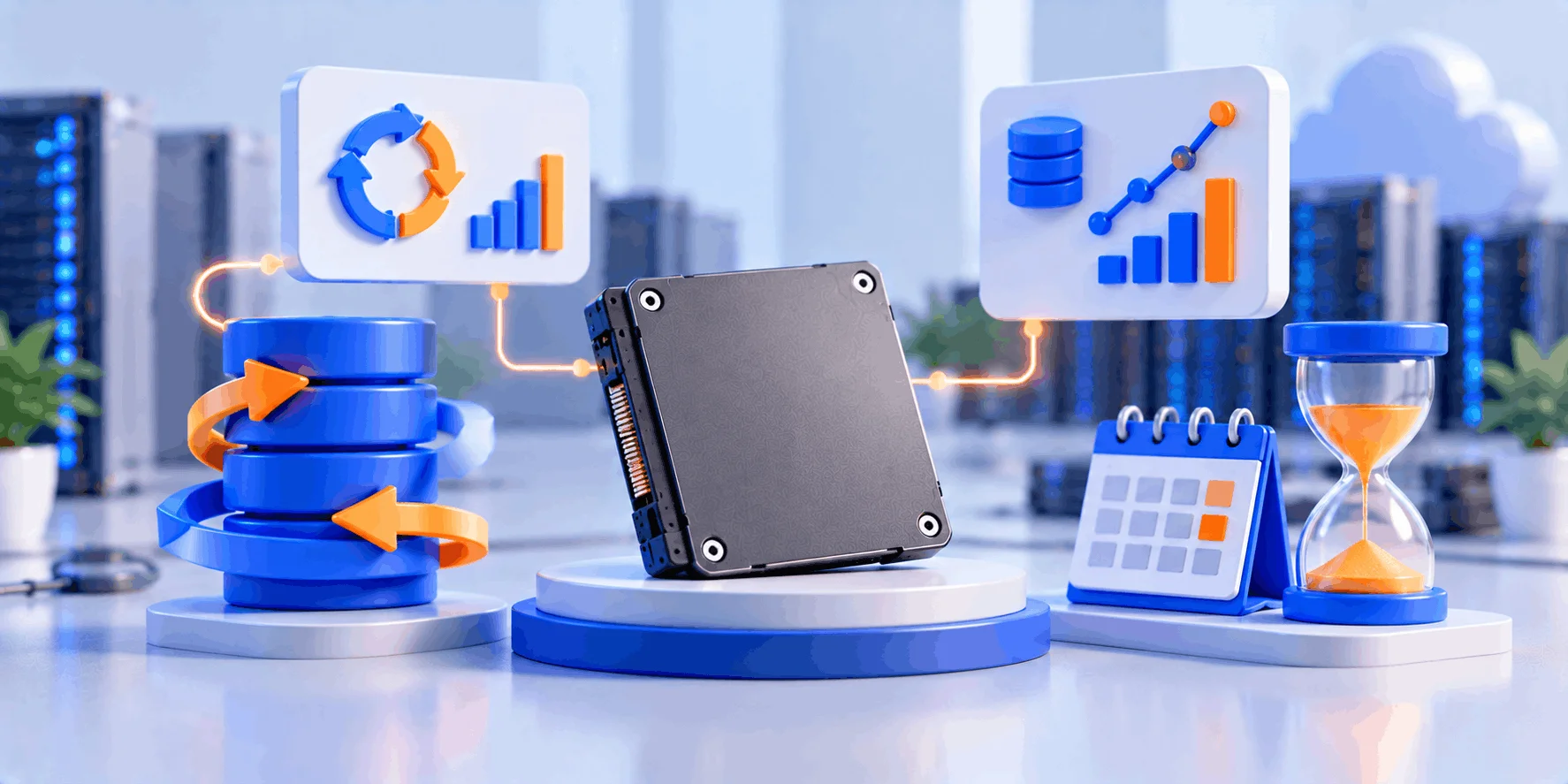 DWPD و TBW؛ دوام SSD سرور را چطور بسنجیم؟ یک SSD سرور روی سکو در دیتاسنتر، کنار نمودار نوشتن داده، تقویم و ساعت شنی؛ نمادی از دوام نوشتن با TBW و DWPD