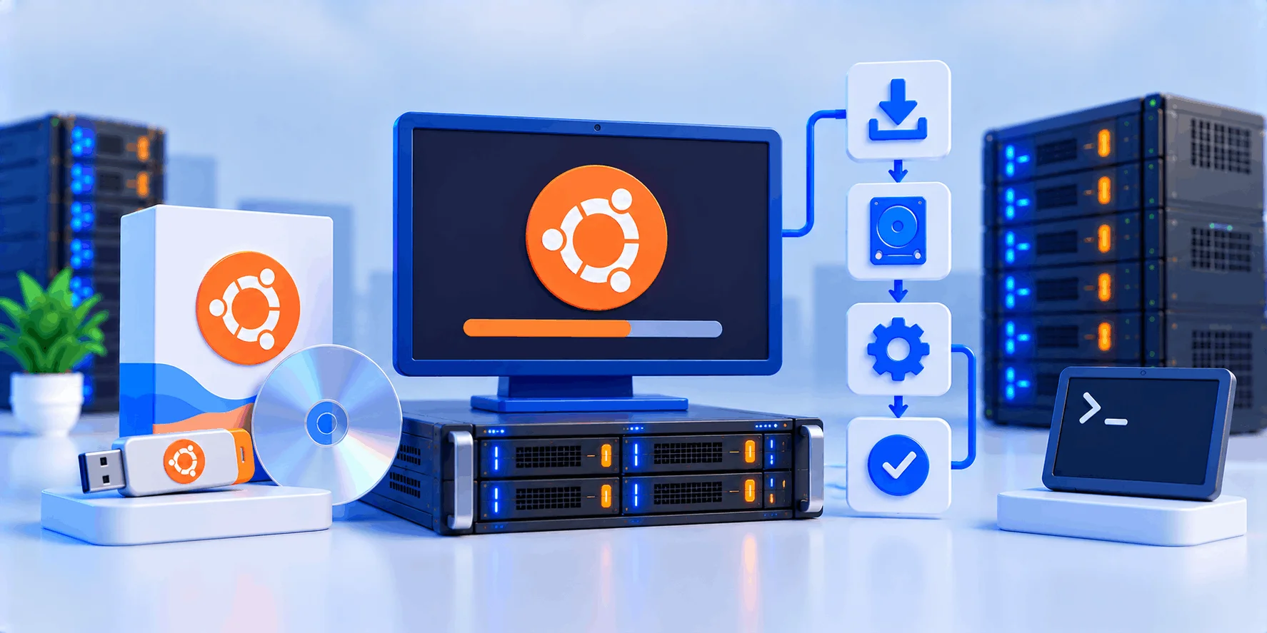 آموزش نصب Ubuntu Server روی سرور اختصاصی؛ گامبهگام مراحل نصب Ubuntu Server روی سرور اختصاصی: نوار پیشرفت نصب روی مانیتور و نمودار دانلود، دیسک، پیکربندی و تأیید نهایی